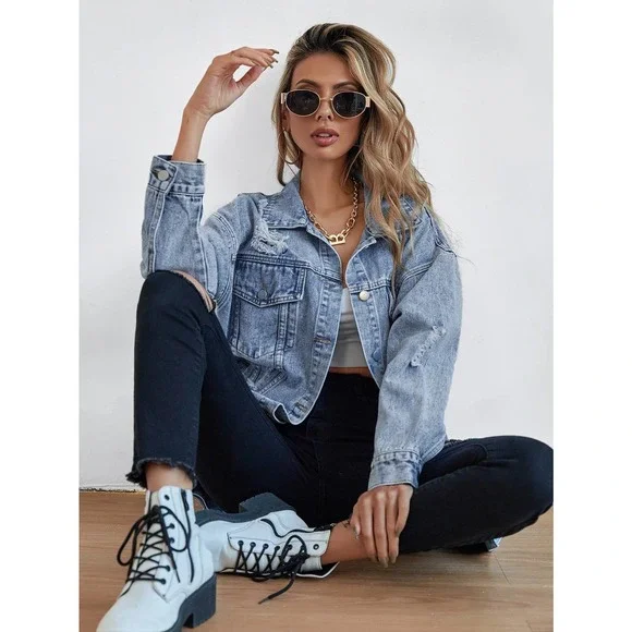 Oversized distressed ripped Front Flap Pocket Drop Shoulder Denim jean Jacket - Picture 3 of 7